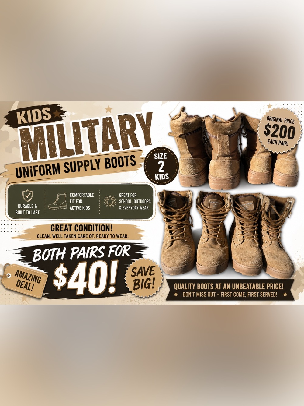 Kids Tactical Lace-Up Boots in Brown - Durable Everyday Footwear